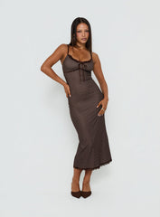 Delaney V Neck Frill Midi Dress Brown / Pink Polka Dot