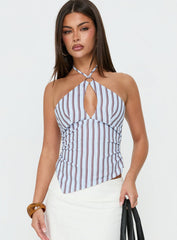 Idiana Halter Keyhole Top Blue Stripe