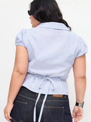 Cotton-blend V-neck Stripe Tie Back Shirt Curve & Plus