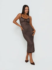 Delaney V Neck Frill Midi Dress Brown / Pink Polka Dot