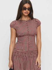 Alixandra Puff Sleeve Blouse Top Red Check