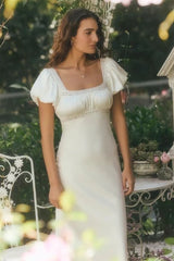 Catherine Ivory Satin Puff Sleeve Slip Midi Dress