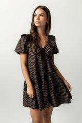 Tony Gingham Baby Doll Dress In Brown