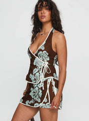 Anyah Halter Wrap Top Brown / Blue