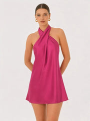 Satin Cross Halter Dress In Magenta