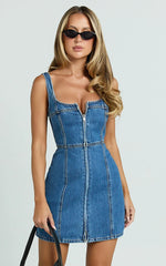 Chrysoula Mini Dress - Square Neck Zip Front Sleeveless Bodycon Denim in Mid Blue Wash