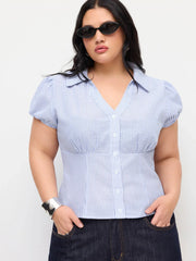 Cotton-blend V-neck Stripe Tie Back Shirt Curve & Plus