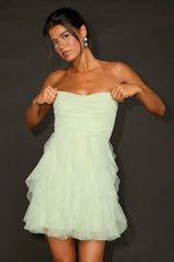 Delightful Beauty Mint Green Mesh Strapless Ruffled Mini Dress