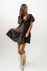 Tony Gingham Baby Doll Dress In Brown