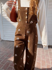 Corduroy Floral Backless Pocket Wide Leg Jumpsuit