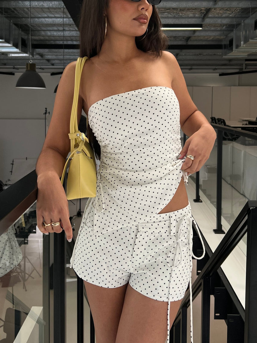Lylie Linen Blend Tie Side Micro Shorts Cream Polka Dot