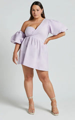 Sula Mini Dress - Asymmetric Off One Shoulder Puff Sleeve Dress in Lilac