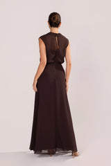 Fidelia Chocolate Maxi Dress With Sheer Cowl Overlay