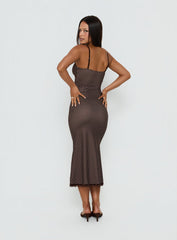 Delaney V Neck Frill Midi Dress Brown / Pink Polka Dot