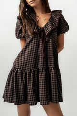 Tony Gingham Baby Doll Dress In Brown