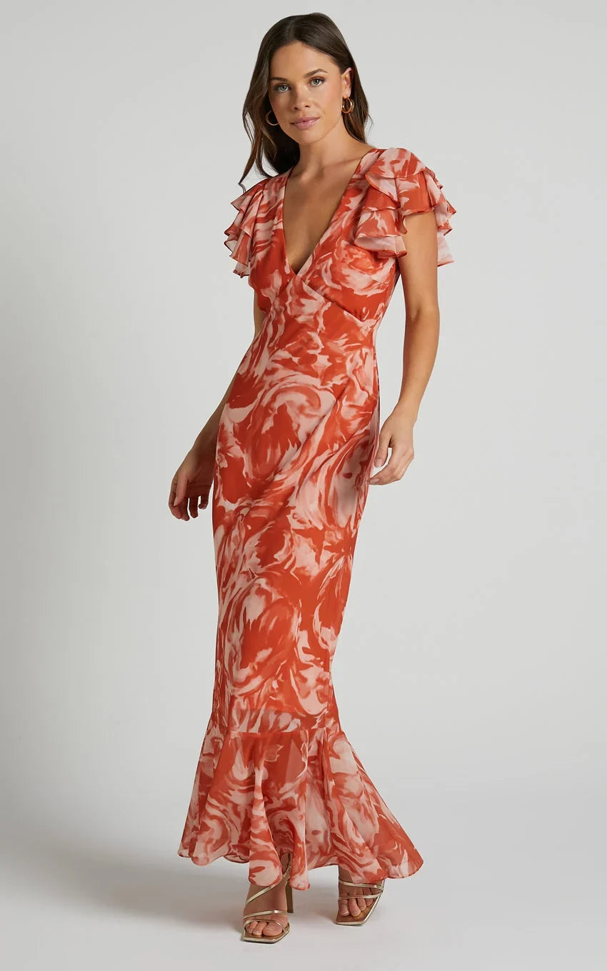 Dylana Midi Dress - V Neck Flutter Sleeve Dress in Rust Swirl