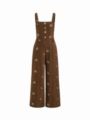 Corduroy Floral Backless Pocket Wide Leg Jumpsuit