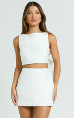 Sia Two Piece Set - Tie Back Boat Neck Crop Top And Mini Skirt Set In White