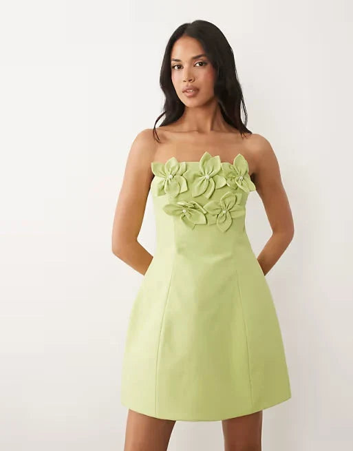 ASOS LUXE bandeau linen corsage detail mini dress in pistachio