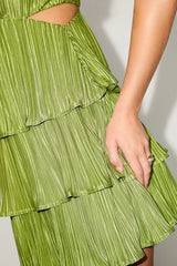 Sleek Dedication Green Satin Plisse Cutout Tiered Mini Dress