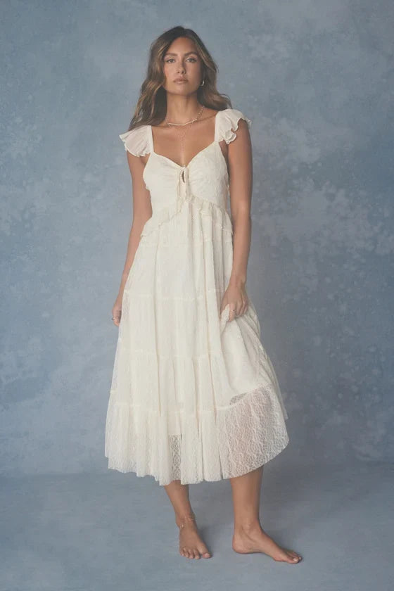 Meli Cream Mixed Media Tiered Midi Dress