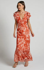 Dylana Midi Dress - V Neck Flutter Sleeve Dress in Rust Swirl
