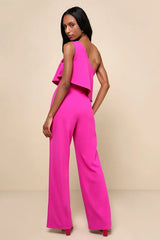Flawless Vibes Magenta One-Shoulder Tiered Wide-Leg Jumpsuit