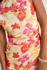 Roanes Orange Floral Boat Neck Pleated Mini Dress