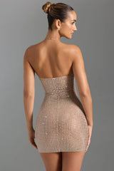 Embellished Halterneck Mini Dress In Honey