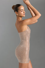 Embellished Halterneck Mini Dress In Honey