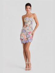 3D Floral Applique Strapless Mesh Mini Dress
