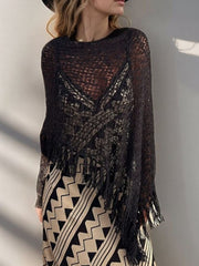 Tassel Boat Neck Knit Shawl